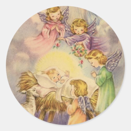 Sticker Rond Anges Observant Au Dessus Du Bebe Jesus Zazzle Ca