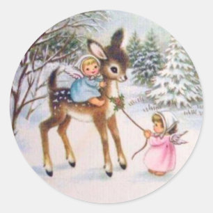 Sticker Rond Anges vintages Avec Cerf De Bébé De Noël