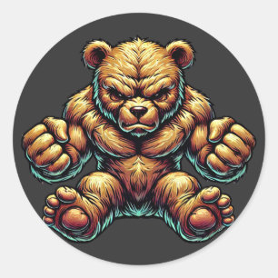Sticker Rond Angry Musculaire Teddy ours couleur illustration a