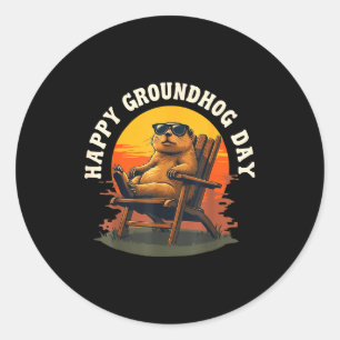 Sticker Rond Anim vintage Happy Ground Hog coucher de soleil Jo