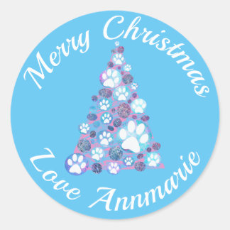 Sticker Rond Animal blanc rose et bleu XMas Arbre bleu clair