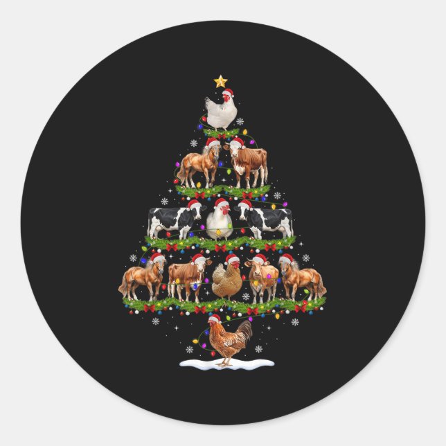 Sticker Rond Animal Christmas Tree Lights Chicken Cow Goat Farm (Devant)