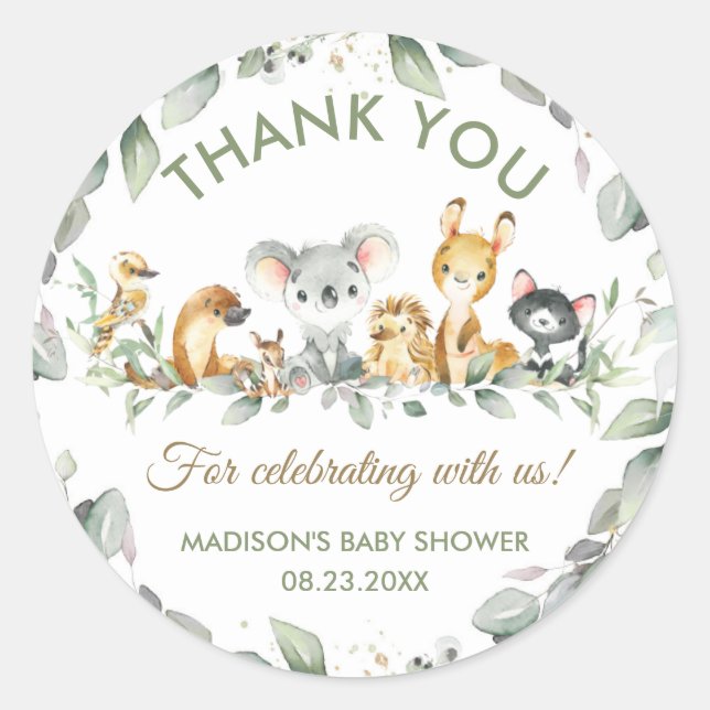 Sticker Rond Animaux australiens Anniversaire Baby shower Favor (Devant)