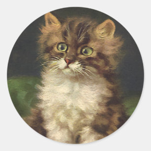 Sticker Rond Animaux de compagnie vintages, Cute Striped Tabby 