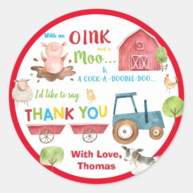 Sticker Rond Animaux de ferme Barnyard 1er anniversaire Merci F (Devant)