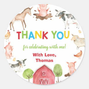 Sticker Rond Animaux de ferme Barnyard Anniversaire Merci Favor