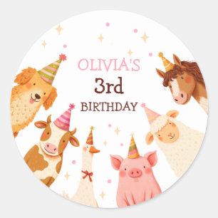 Sticker Rond Animaux de ferme Fille rose En vichy Barnyard Anni