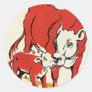 Sticker Rond Animaux de ferme vintage, vache Holstein avec veau