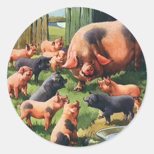 Sticker Rond Animaux de ferme vintages, Cochon avec de mignons