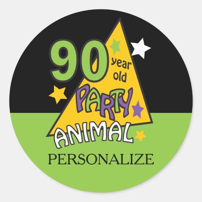 Sticker Rond Animaux de fête de 90 ans | 90e anniversaire (Devant)