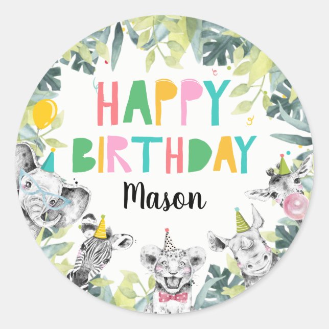 Sticker Rond Animaux de fête Garçon Safari Animaux Anniversaire (Devant)