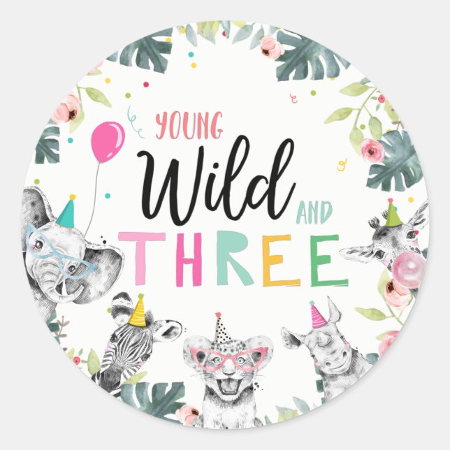 Sticker Rond Animaux de fête Safari Girl Jeune Wild Trois tiers (Devant)