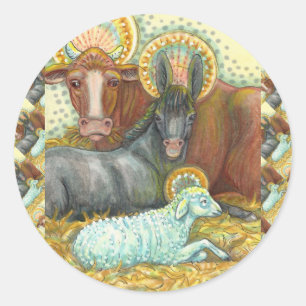 STICKER ROND ANIMAUX DE LA NATIVITÉ EN STABLE, OX, ÂNE ET MOUCH