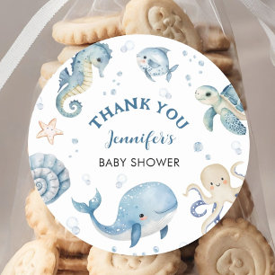 Sticker Rond Animaux de l'Océan Fête de Naissance Garçon Mer Bl