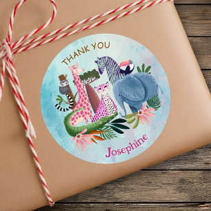 Sticker Rond Animaux de safari jungle anniversaire aquarelle