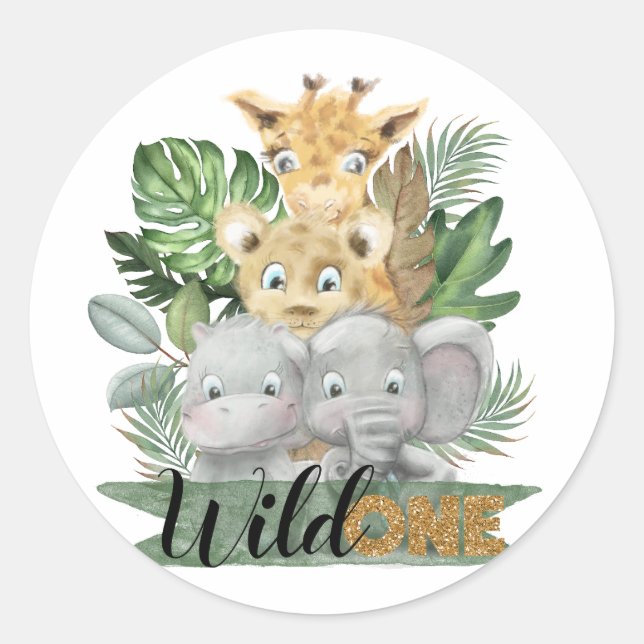 Sticker Rond Animaux de safari sauvages et feuilles tropicaux (Devant)