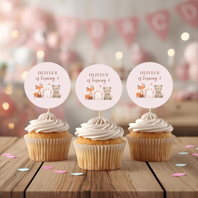 Sticker Rond Animaux des bois Anniversaire | Parti rose rustiqu (Créateur téléchargé)