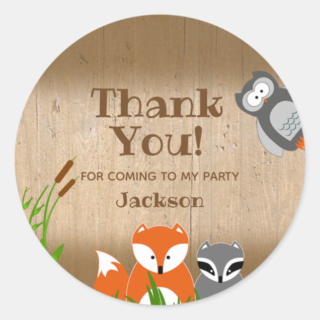 Sticker Rond Animaux des bois | Merci de fête d'anniversaire (Devant)