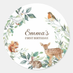 Sticker Rond Animaux forestiers de bois Premier anniversaire