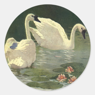 Sticker Rond Animaux sauvages oiseaux vintage, cygnes blancs vi
