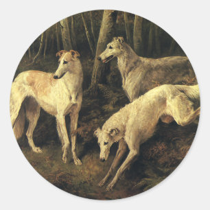 Sticker Rond Animaux vintage, chiens de chasse Lévriers en forê