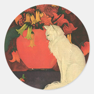 Sticker Rond Animaux vintages, Chat blanc élégant, Fleurs d'aut