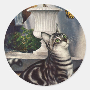 Sticker Rond Animaux vintages, mignon Tabby Cat papillon