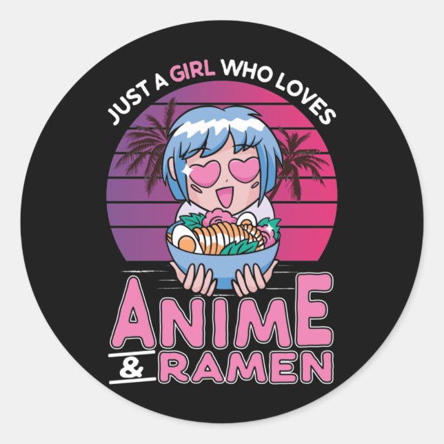 Sticker Rond Anime and Ramen Girl Otaku Retro Japanese Manga (Devant)