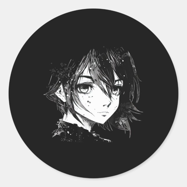 Sticker Rond Anime Girl Anime Eyes Ink Art Dessin pour G (Devant)