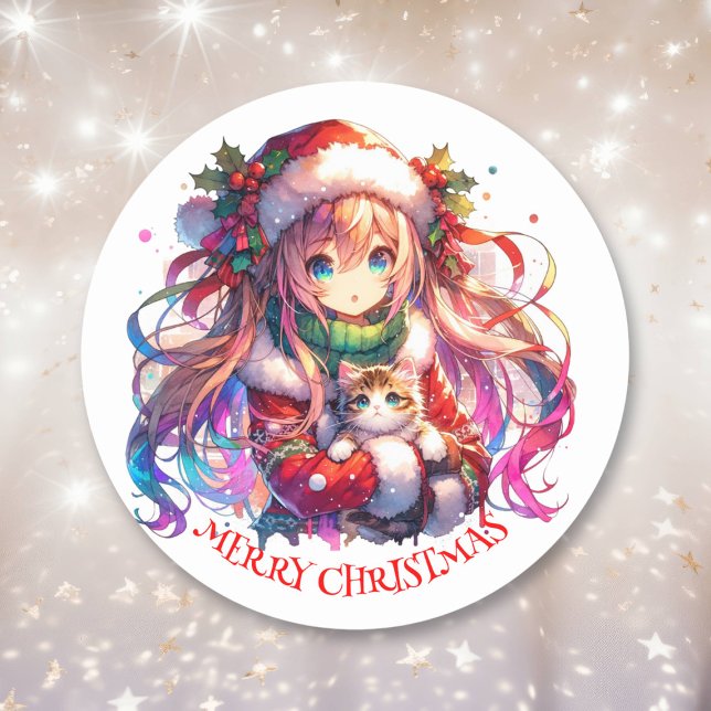 Sticker Rond Anime Girl in Santa Hat Aquarelle Noël (Créateur téléchargé)