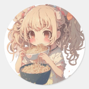 Sticker Rond Anime Girl Mange Ramen nouilles
