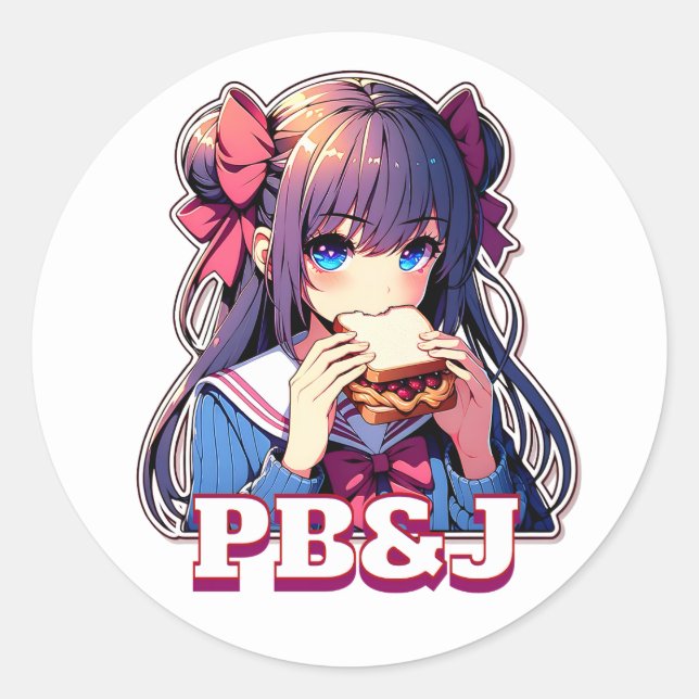 Sticker Rond Anime Girl mangeant un sandwich PB&J (Devant)