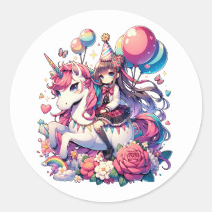 Sticker Rond Anime Girl sur Unicorn Anniversaire