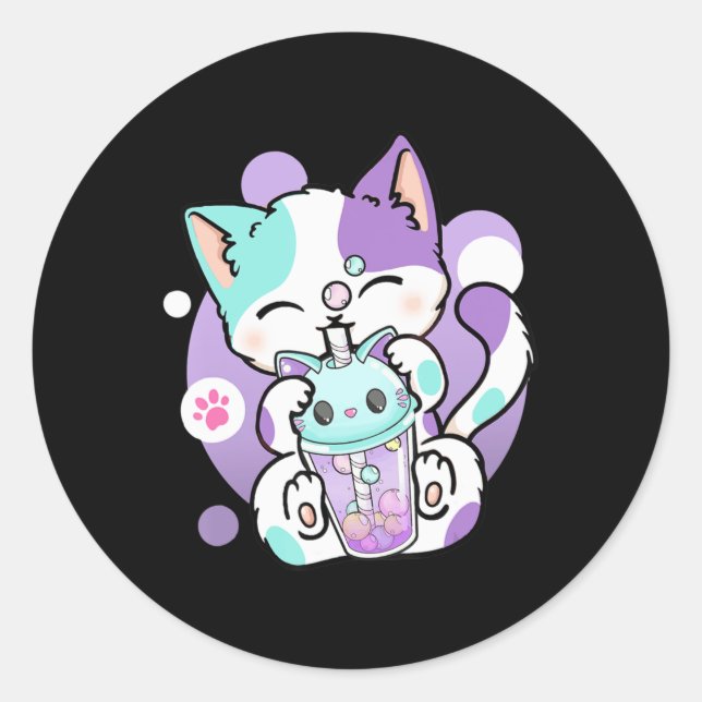Sticker Rond Anime Kawaii Chat Boba Buble Tea Neko Boba Tea Cat (Devant)