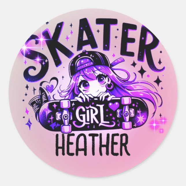 Sticker Rond Anime Skater Girl Anniversaire Fête Skateboard (Devant)