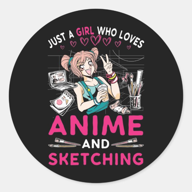 Sticker Rond Anime Sketching Girl Otaku Ado Japonais Comic Fan (Devant)