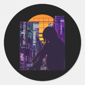 Sticker Rond Anime triste Japonais Vaporwave Anime esthétique