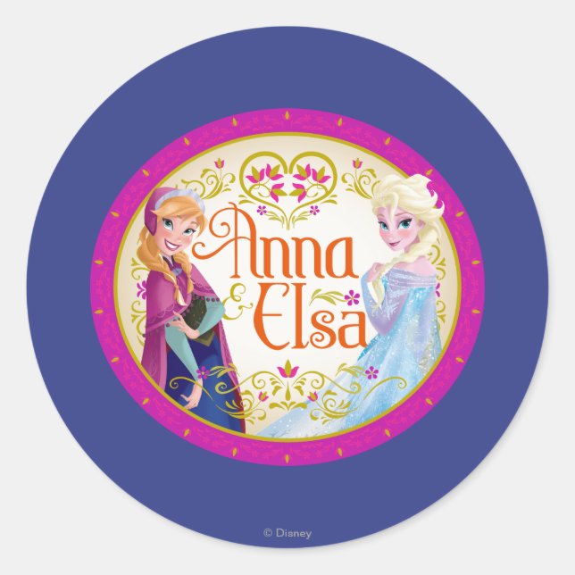 Sticker Rond Anna et Elsa | Cadre floral (Devant)