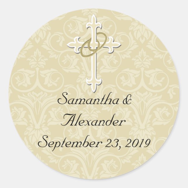 Sticker Rond Anneaux d'or avec croix, Sceau d'enveloppe chrétie (Devant)