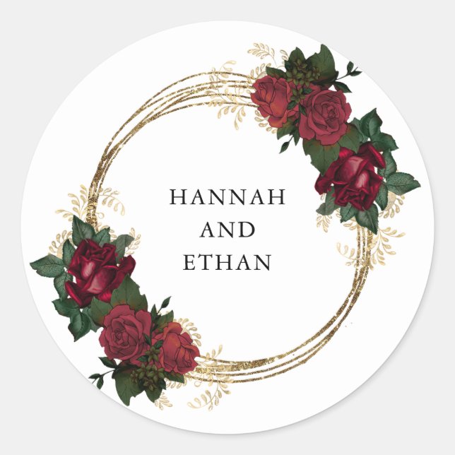 Sticker Rond Anneaux d'or et roses rouges | MARIAGE (Devant)