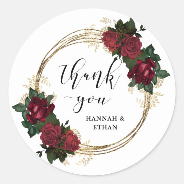 Sticker Rond Anneaux d'or et roses rouges | MERCI (Devant)