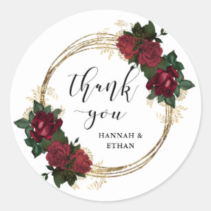 Sticker Rond Anneaux d'or et roses rouges   MERCI