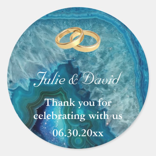 Sticker Rond Anneaux Mariage or Merci sur Agate Bleu (Devant)