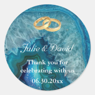 Sticker Rond Anneaux Mariage or Merci sur Agate Bleu