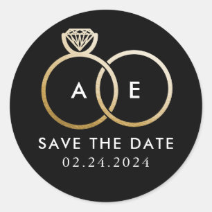 Sticker Rond Anneaux Mariages d'or sur noir Enregistrer la date