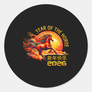 Sticker Rond Année du Cheval Nouvel An Lunaire Chinois 2026 Feu