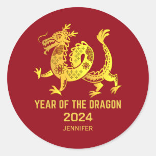 Sticker Rond Année Gradient Or Du Dragon 2024 Nouvel An Rouge