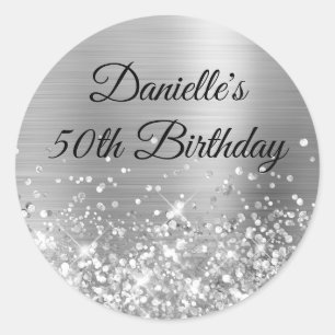 Sticker Rond Anniversaire 50 ans Feuille Argent Pailleté