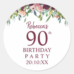 Sticker Rond Anniversaire 90 ans   Burgundy Marsala Floral Part