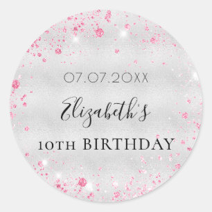 Sticker Rond Anniversaire argent rose parties scintillant pouss